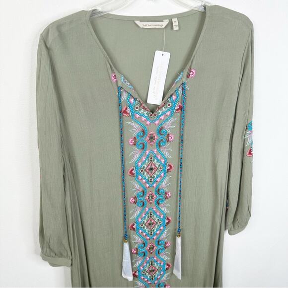 NEW Soft Surroundings PM 10-12 Sicily Guaze Boho Embroidered Maxi Dress in Olive - Picture 4 of 10